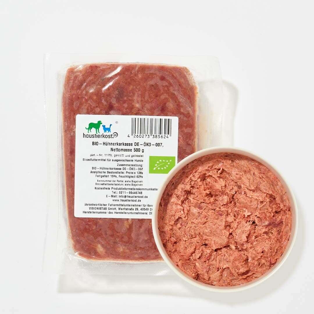 BIO-Hühnerkarkasse DE-ÖKO-007 gewolft, 500 g Packung, natürlicher Calciumlieferant, geeignet für alle Hunderassen.