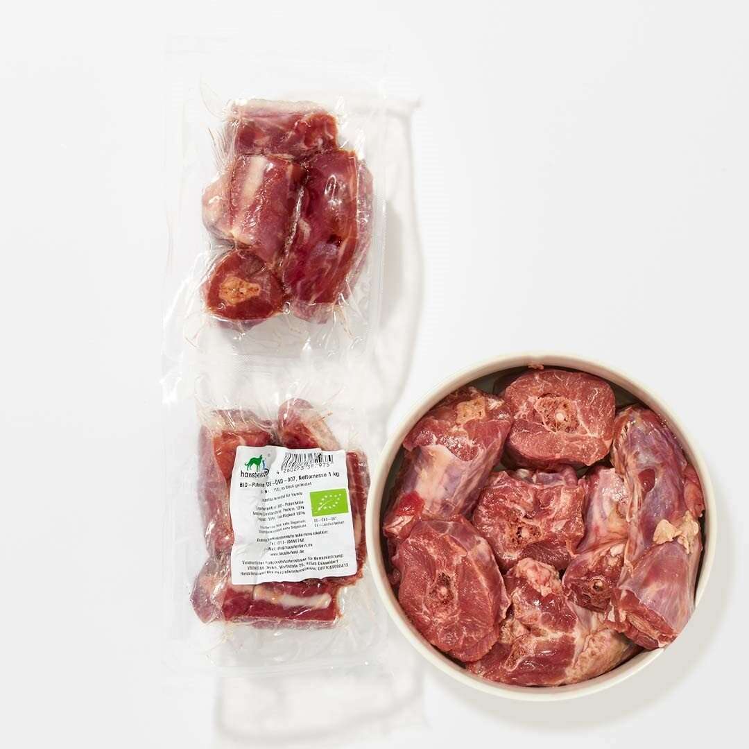BIO Putenhals in Stücken, 1 kg, DE-ÖKO-007, gefroren, geeignet für erwachsene Hunde.