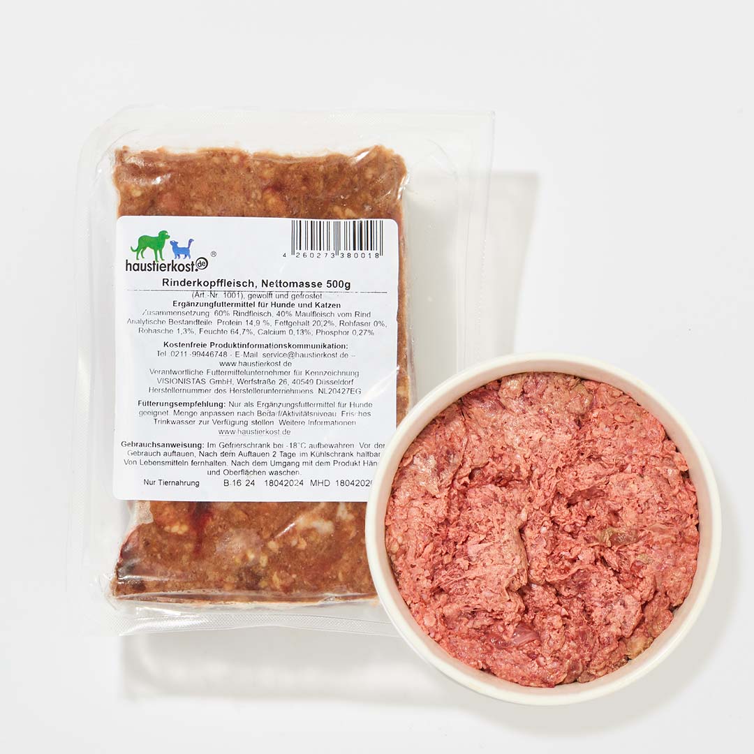 Rinderkopffleisch 250g für Hunde und Katzen, eiweißreiches Muskelfleisch mit Knorpel, naturbelassen und frisch verpackt