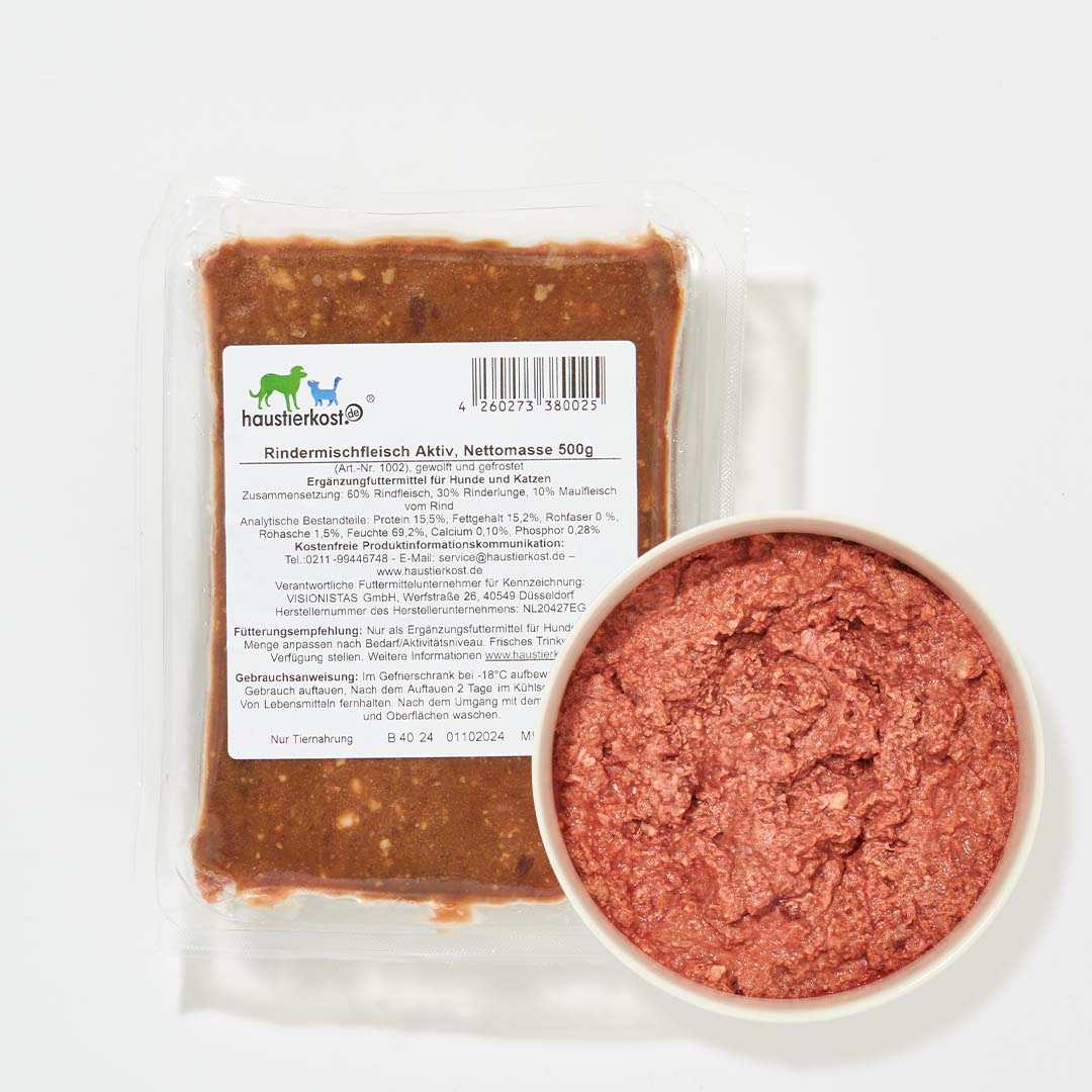 Rindermischfleisch Aktiv, 250 g Packung und Schüssel mit roher Fleischmischung aus Muskelfleisch, Rindermaulfleisch und Rinderlunge.