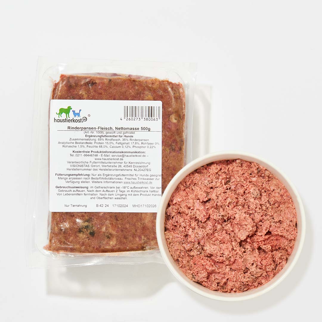 Rinderpansen-Fleisch 250g in Verpackung und Schale, gemischtes Muskelfleisch und grüner Pansen für Hunde