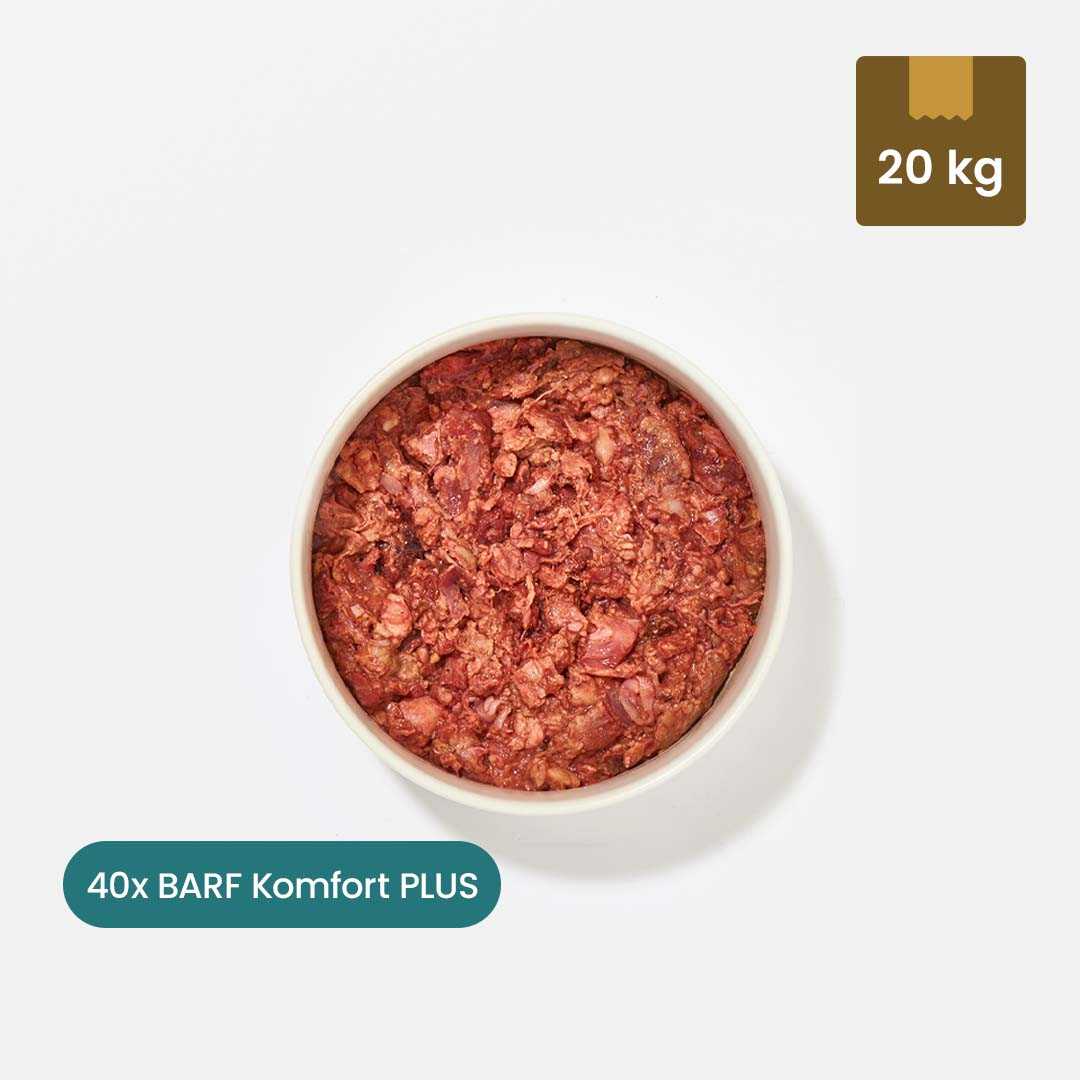 BARF Komfort PLUS Rind Hundefutter, 40 x 500 g Portionen, in Schüssel, ideal für artgerechte Rohfütterung.