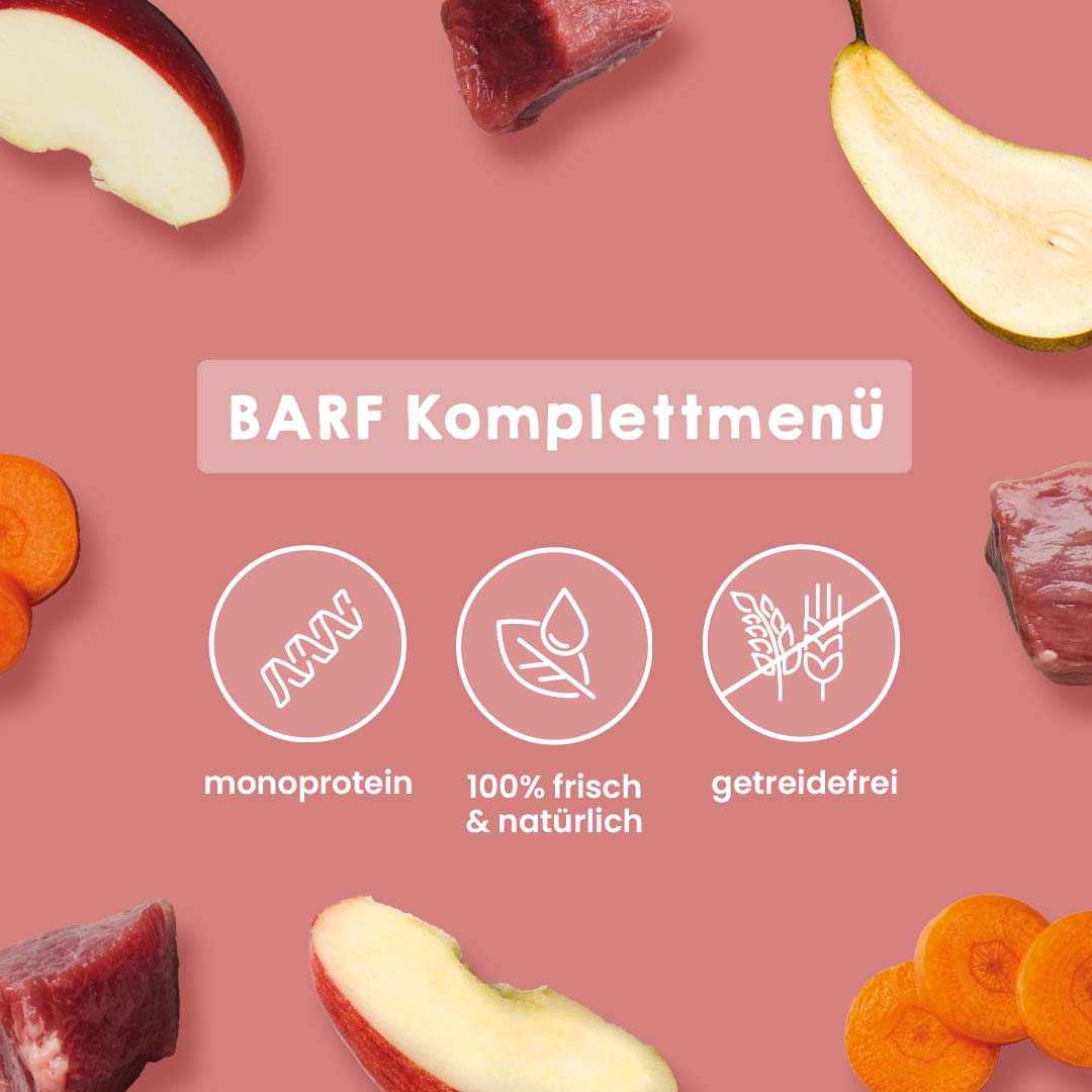 BARF Komfort PLUS Rind Komplettmenü für Hunde, 40 x 500 g, enthält Rindfleisch, Gemüse und Früchte, getreidefrei, monoprotein, frische und natürliche Zutaten.