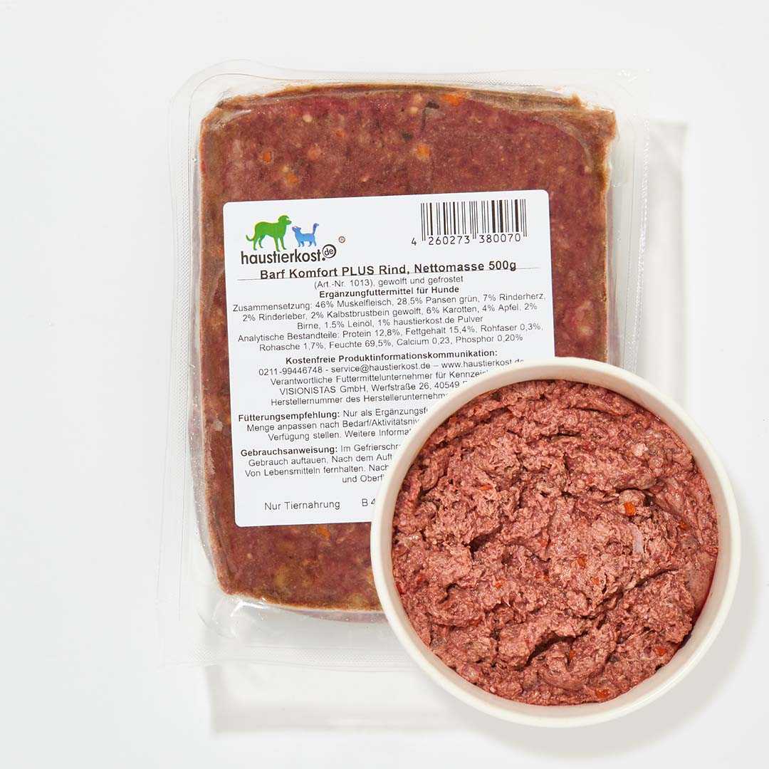 BARF Komfort PLUS Rind Probierpaket 16x250g für Hunde, enthält Rindfleisch, Gemüse und Früchte, reich an Omega-3 und natürlichem Vitamin A.