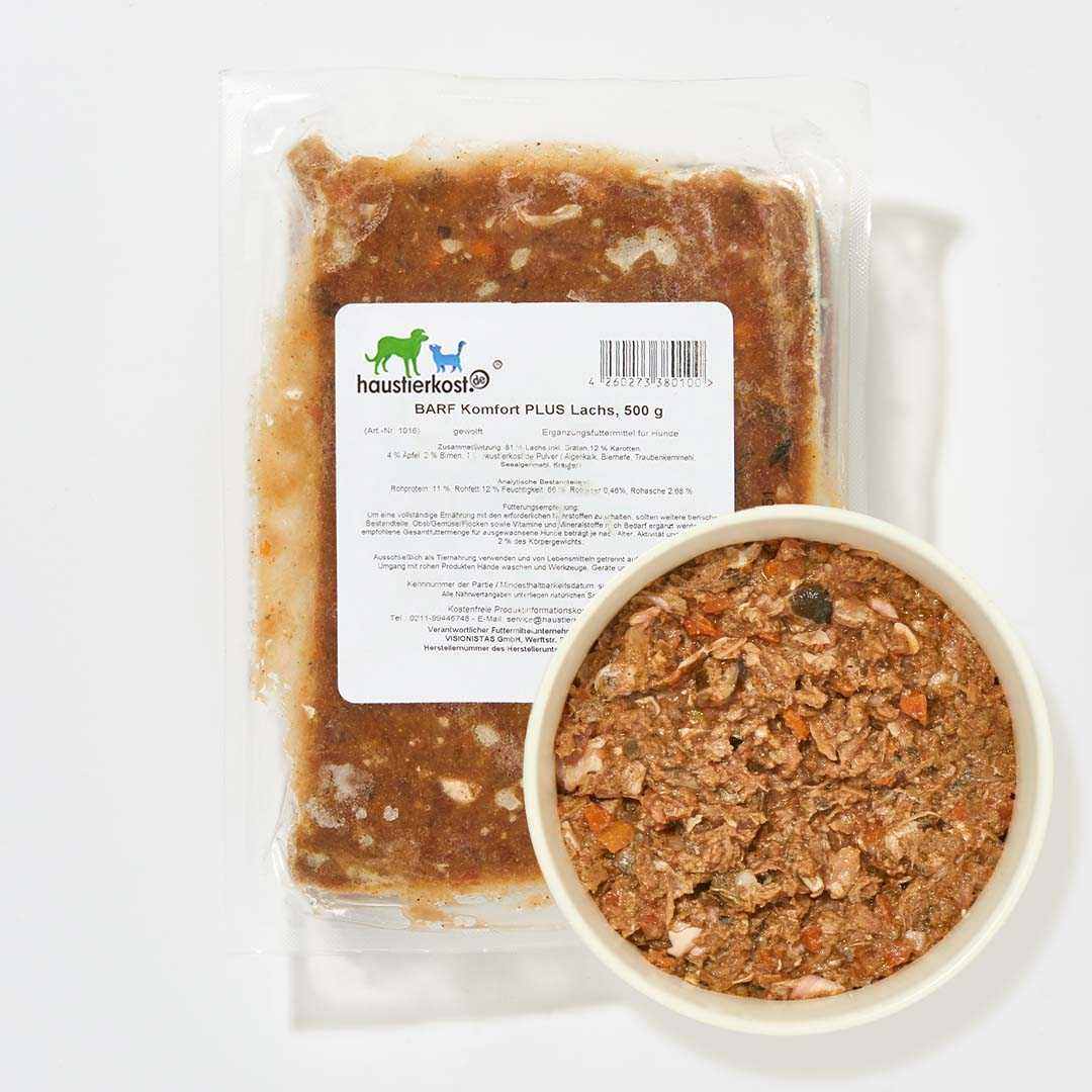 BARF Komfort PLUS Lachs Hundefutter mit Lachsabschnitten, Karotten, Äpfeln und Birnen, verpackt
