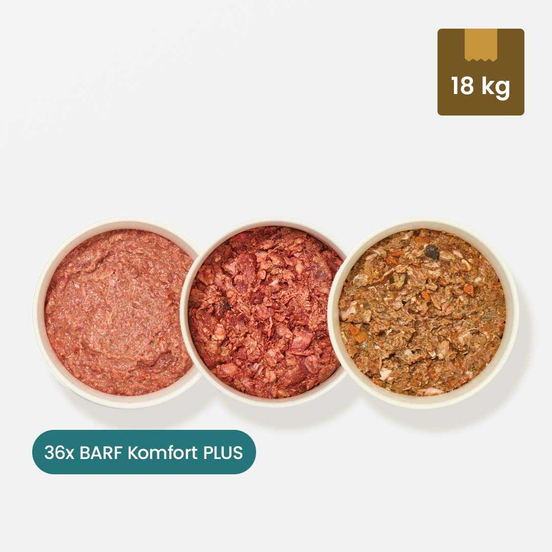 BARF Komfort PLUS Menü 18 kg, bestehend aus Rind, Huhn und Lachs, 36 x 500 g.