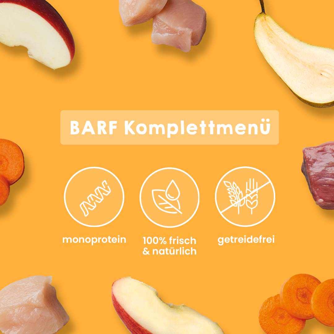 BARF Komfort PLUS Menü 20 kg, geeignet für artgerechte Rohfütterung von Hunden, enthält Rind- und Huhn-Päckchen, monoprotein, frisch, getreidefrei.