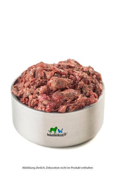 Senior Spezial, 500 g Mischung aus Rinderblättermagen, Maulfleisch und Schlundfleisch in einer Metallschüssel. Geeignet für ältere Hunde.