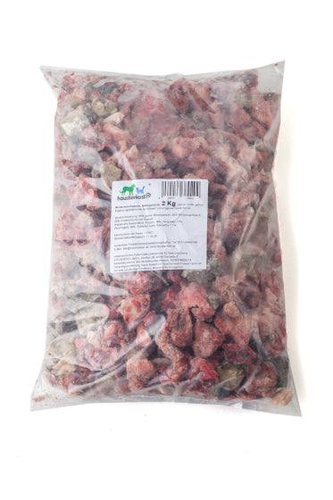 Rindermix-Happen, 2 kg, bissfeste Fleischmischung für Hunde in Kunststoffverpackung.