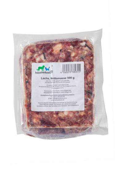 Lachs 500 g, reich an Omega-3 und Omega-6 Fettsäuren, geeignet für Hunde und Katzen.