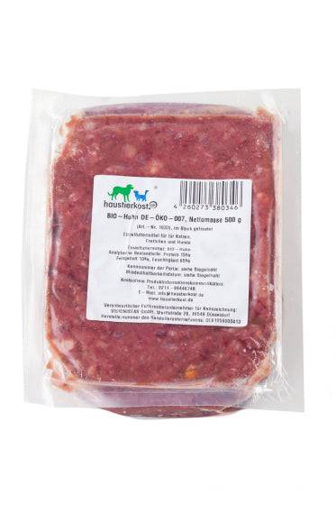 BIO Huhn DE-ÖKO-007, 500g, grob gewolft, enthält Karkassen im Vakuumverpackung.