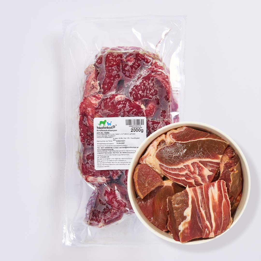 Rindfleisch-Klumpen 2 kg vakuumverpackt, natürliche Muskelfleischstücke mit Fett und Sehnen, proteinreiches Hundefutter zum Kauen für große Hunde