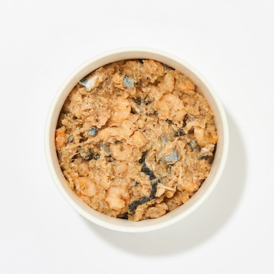 Krabben-Lachs-Mix in weißer Schale, 500 g, proteinhaltige Mischung für Hunde und Katzen.