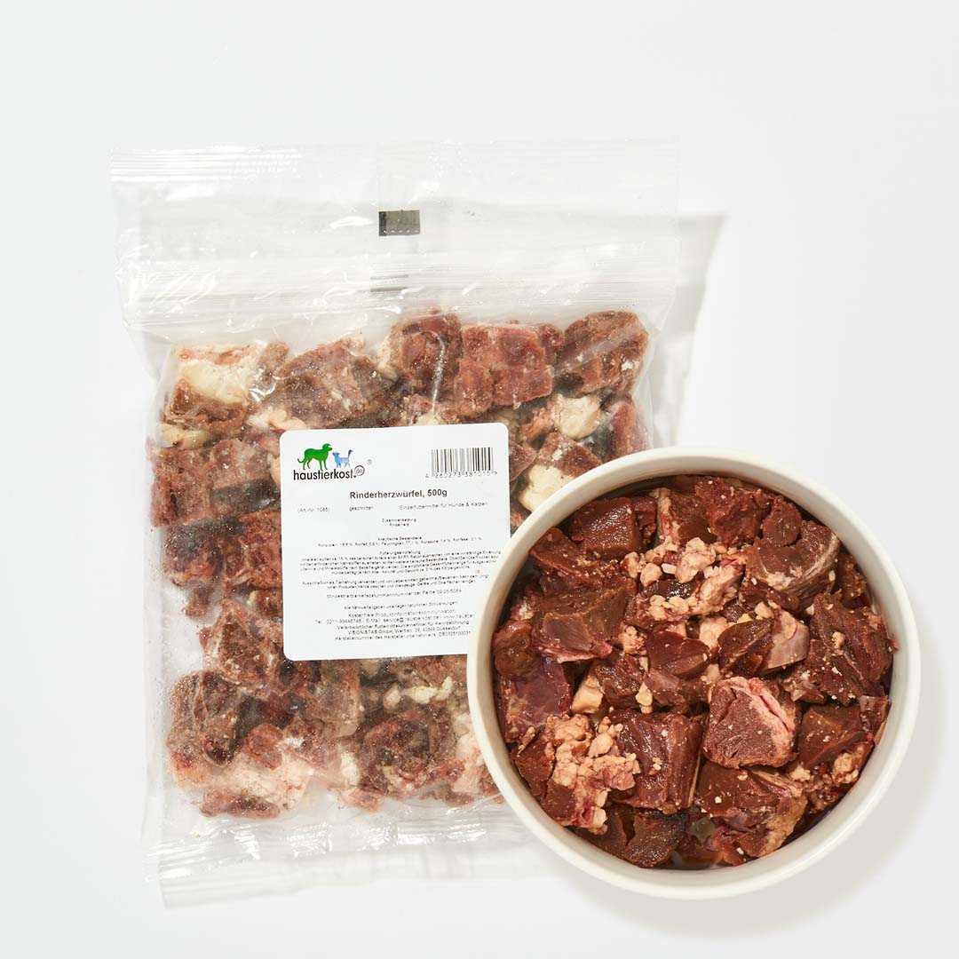 Rinderherzwürfel 500 g, portionierbar für Hunde und Katzen, enthält Taurin.