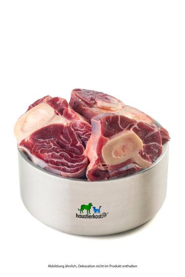Beinscheiben vom Rind in Edelstahlnapf, 1 kg, ideal für ausgewachsene Hunde.