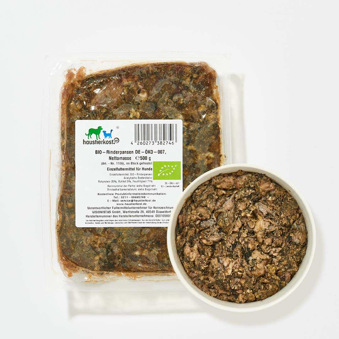 BIO Rinderpansen grün DE-ÖKO-007, 500 g Packung und Schale, ideal für die artgerechte Rohfütterung von Hunden.