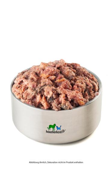 BIO-Trio-Rindermix DE-ÖKO-007 in Edelstahlnapf, 500 g, aus BIO-Rinderpansen, BIO-Rinderkehlfleisch und BIO-Rindereuter.