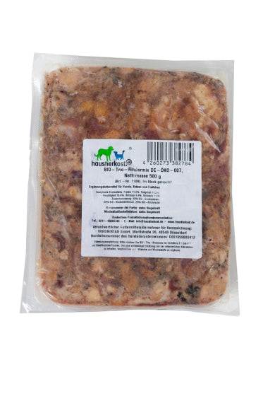 BIO-Trio-Rindermix, 500 g Packung mit BIO-Rinderpansen, BIO-Rinderkehlfleisch und BIO-Rindereuter.