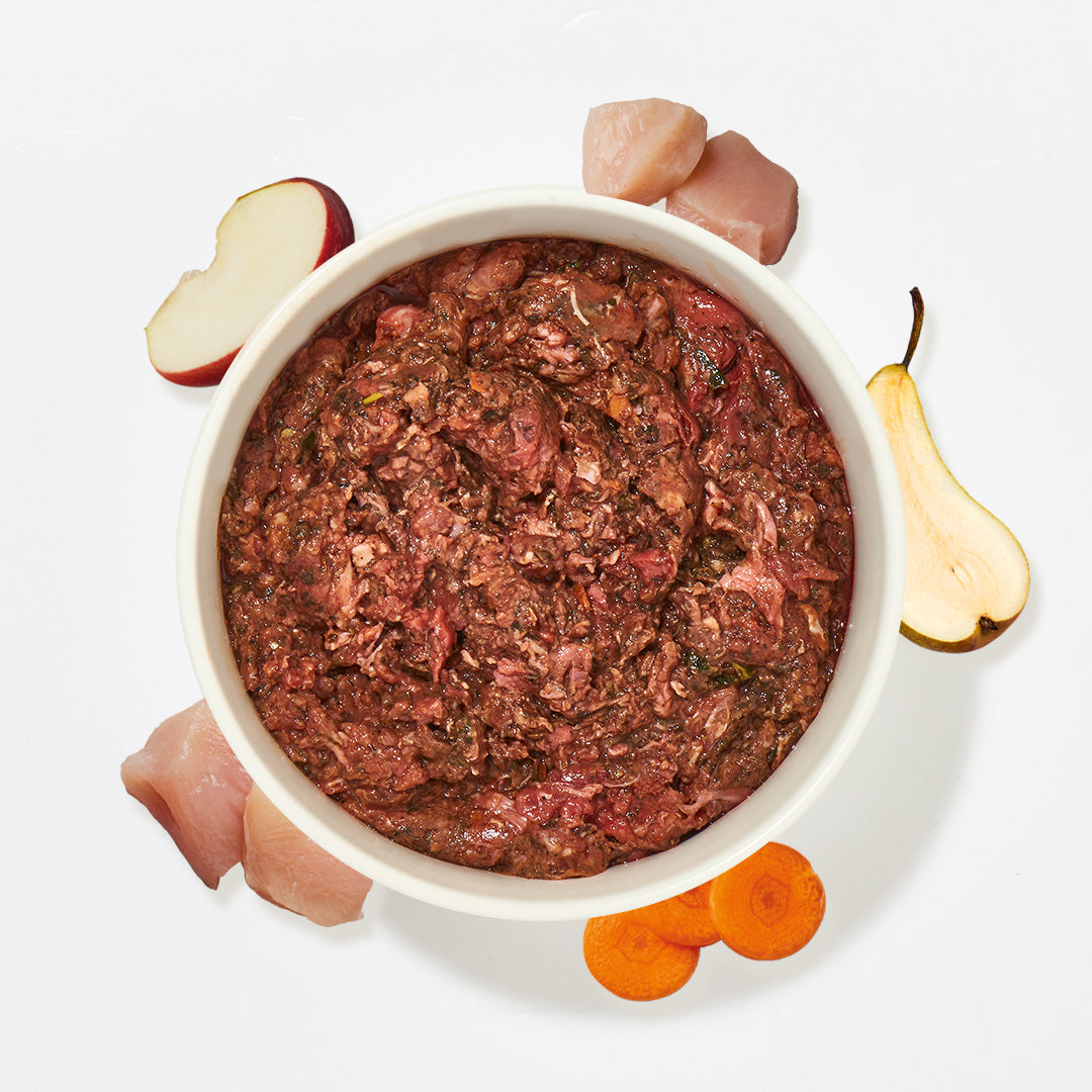BIO BARF Komfort PLUS Huhn rohes Hundefutter mit Bio-Hühnerteilen, Karotten, Apfel, Birne und Leinöl in Schüssel