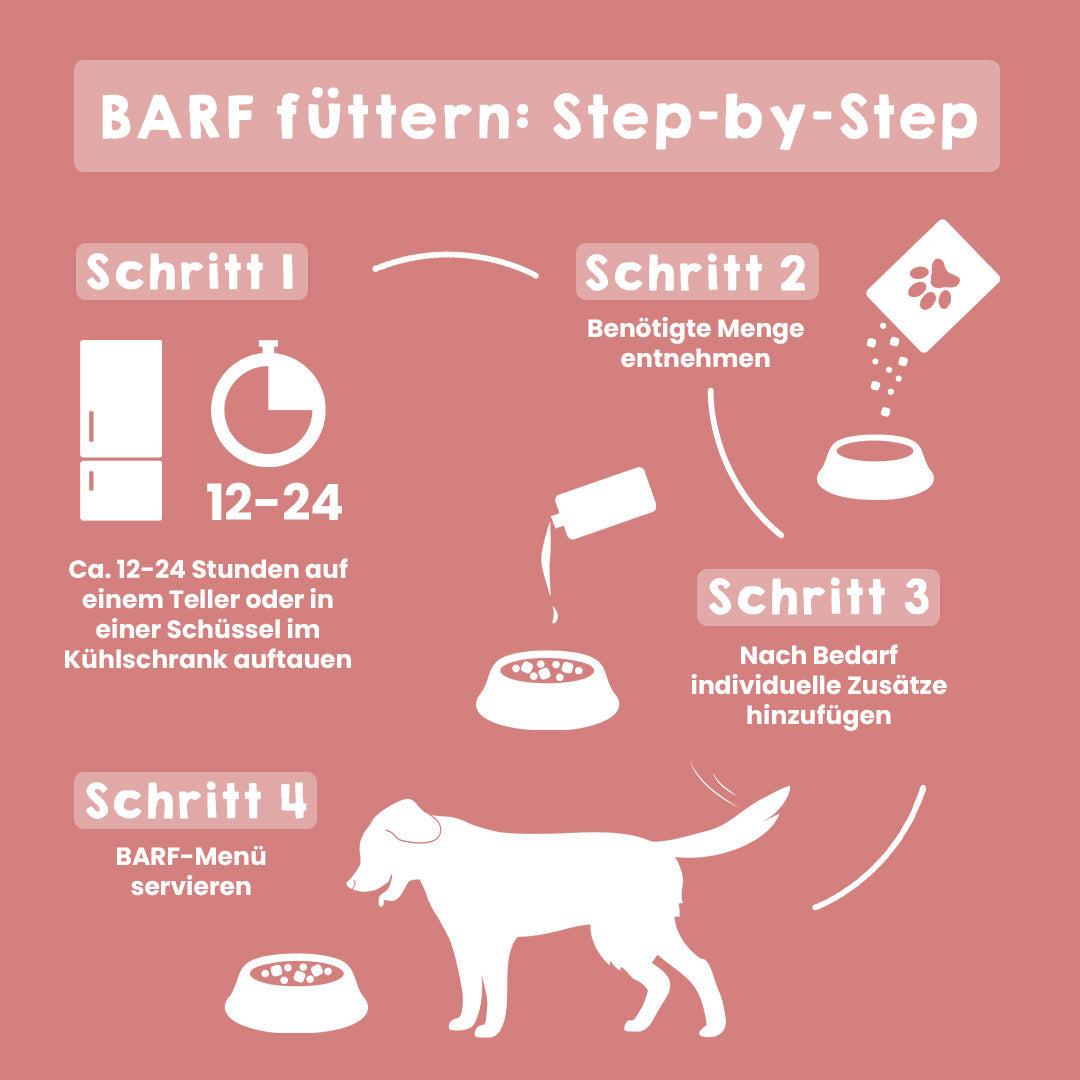BARF Komfort PLUS Rindfutter Anleitung für Hunde in vier Schritten dargestellt.