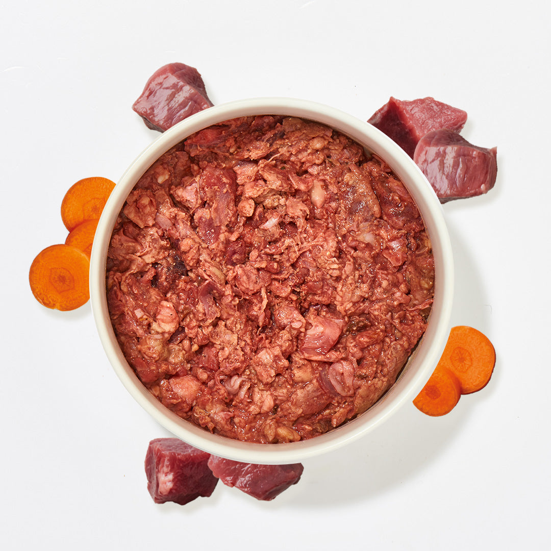 BARF Komfort PLUS CAT Rind rohes Katzenfutter mit Rindfleisch, Karotten und Lachsöl in Schale