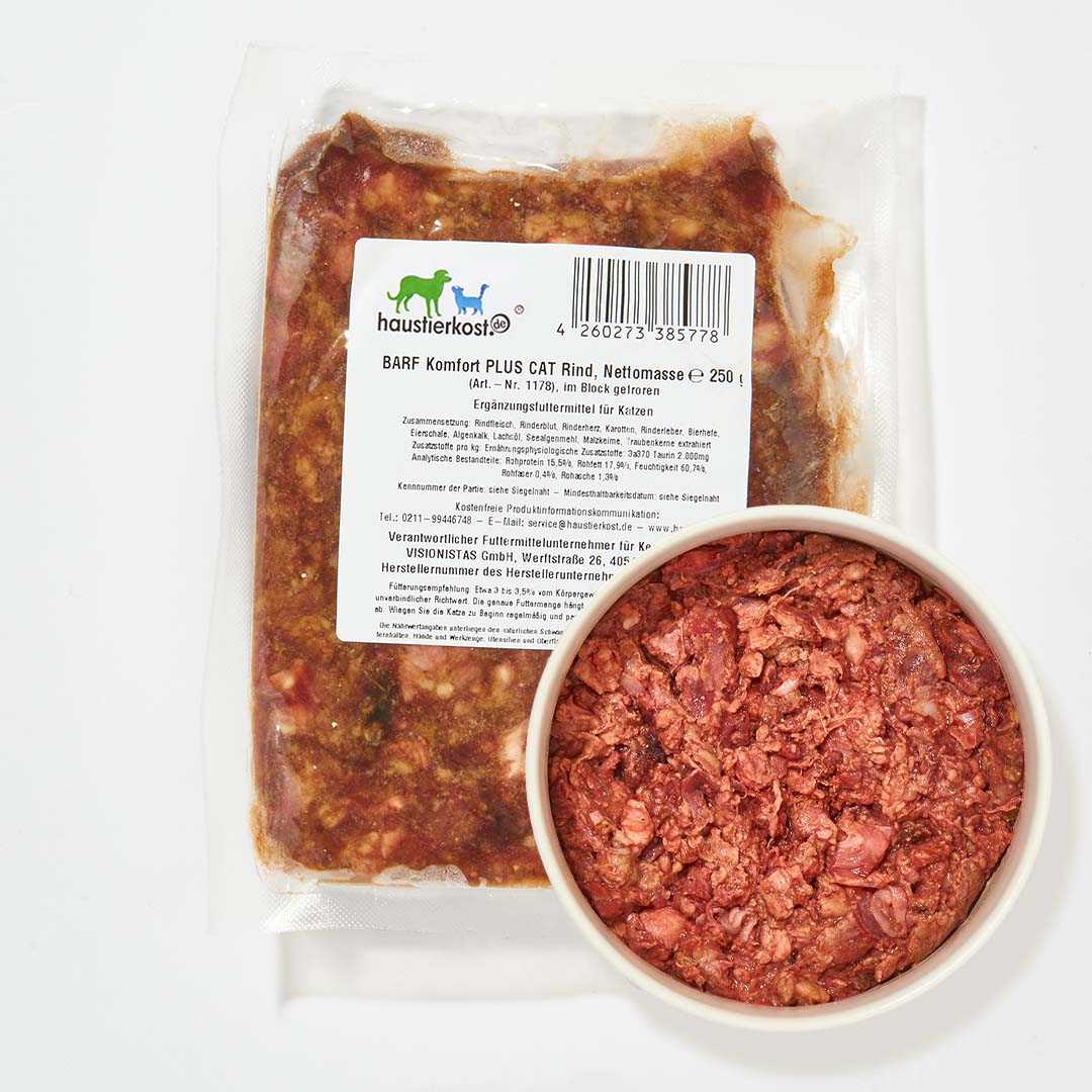 BARF Komfort PLUS CAT Rind, 250 g, artgerechtes Rohfutter für Katzen mit Rindfleisch, Karotten und Lachsöl