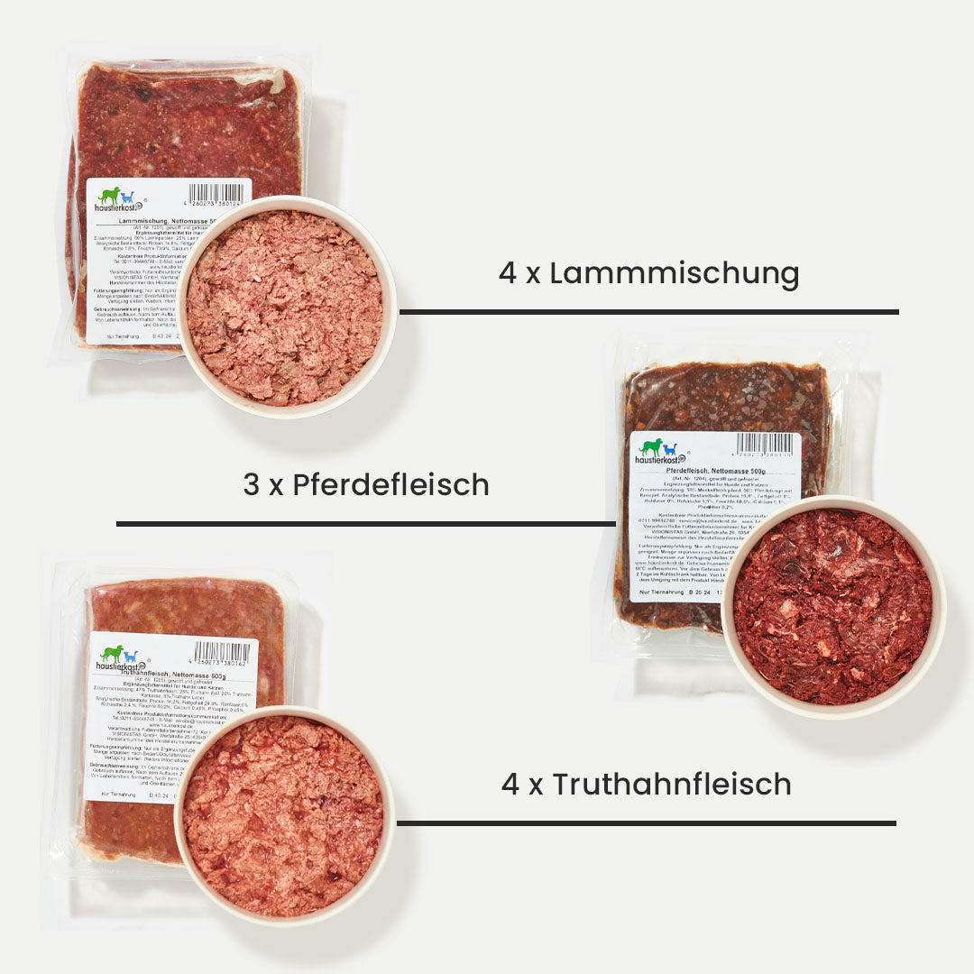 Paket Hund Allergie mit 9 kg frischem Lammmischung, Truthahnfleisch und Pferdefleisch in Einzelpackungen