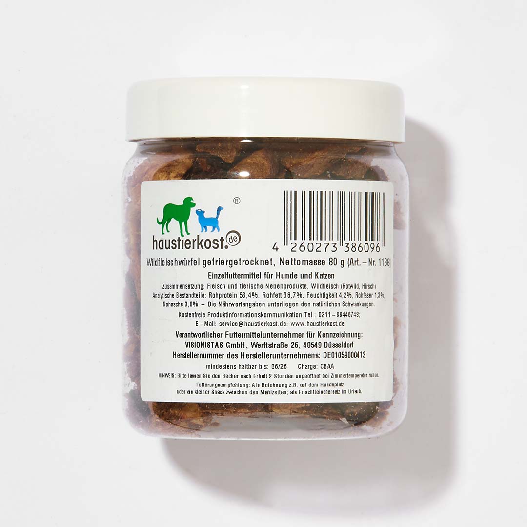 Wildfleisch gefriergetrocknet in 80 g Behälter für Hunde und Katzen, ideal als Snack oder Frischfleischersatz.