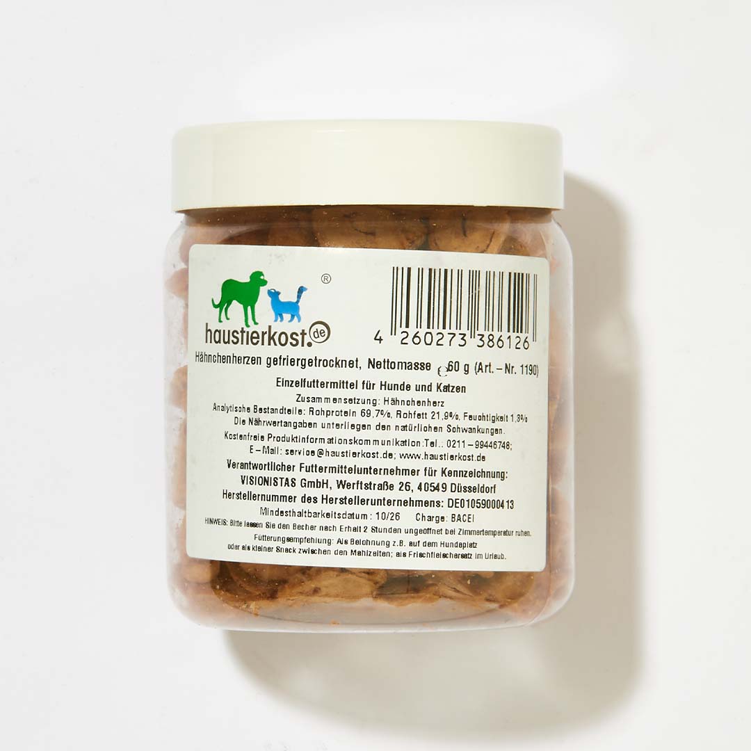 Hähnchenherzen gefriergetrocknet 60 g als proteinreicher Hundesnack und Taurinquelle