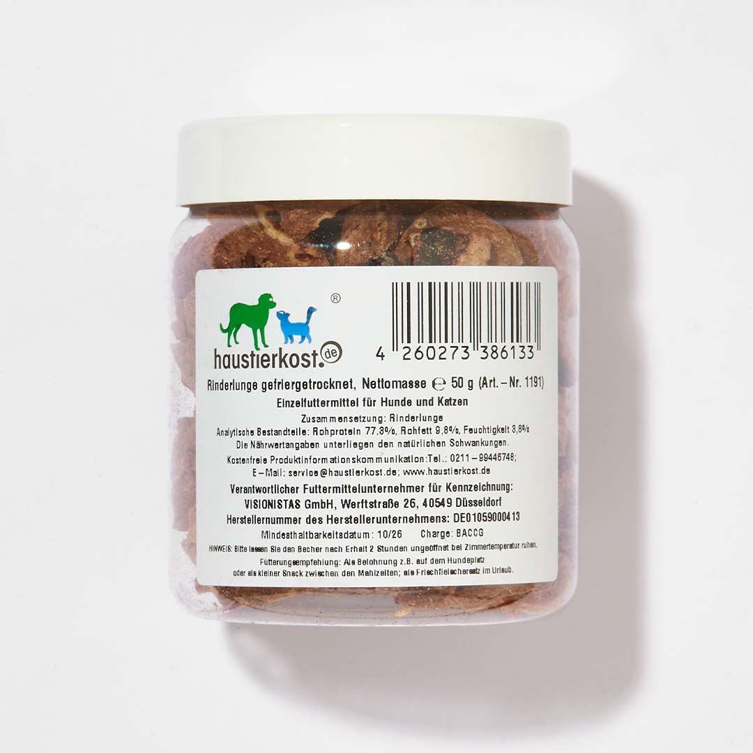 Rindfleisch gefriergetrocknet im 70 g Behälter, ideal als Snack oder Frischfleischersatz für Hunde und Katzen.