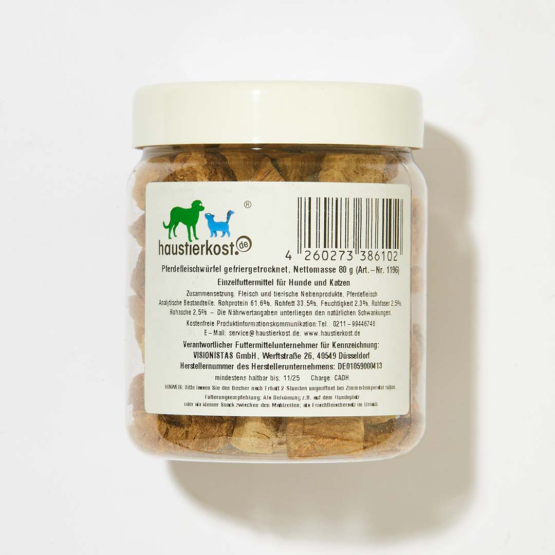Gefriergetrocknete Pferdefleischwürfel in 80g Dose für Hunde und Katzen.