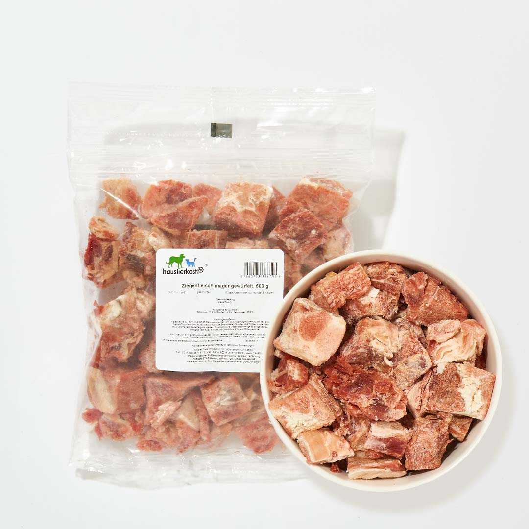 Ziegenfleisch gewürfelt, 500 g Packung und Schüssel, geeignet für Hunde und Katzen.