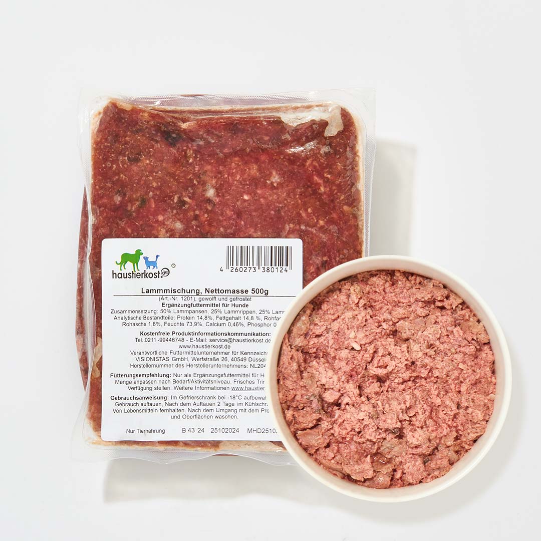Lammmischung 500g aus grünem Pansen, Rippen und Lunge vom Lamm, geeignet für Hunde aller Rassen und Altersstufen, auch bei Futtermittelallergien.
