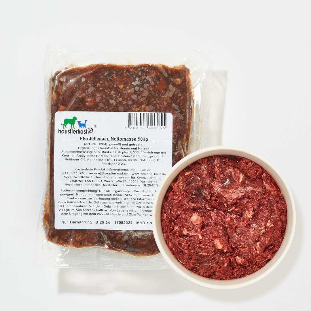 Pferdefleischmix verpackt und in Schale, fettarmes und cholesterinarmes Hundefutter.
