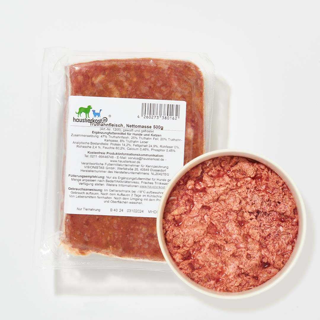 Truthahnfleischmix 500 g für Hunde und Katzen, mild im Geschmack.