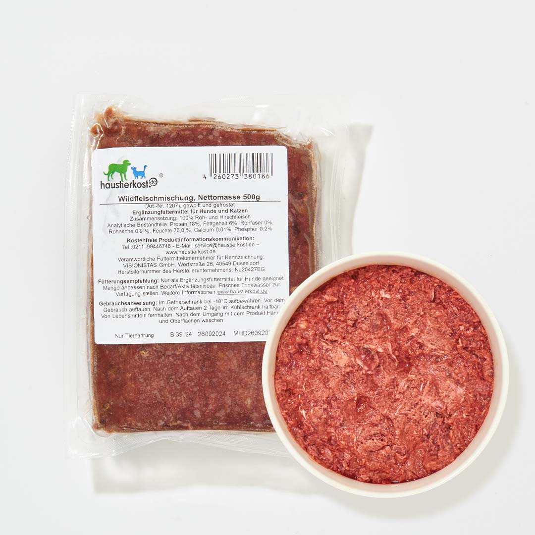 Wildfleischmischung 500 g aus Reh- und Hirschfleisch für Hunde und Katzen.