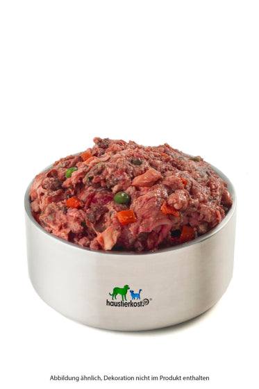 Rindfleisch-Gemüse-Mix in Edelstahlnapf, 500 g, für Hunde aller Rassen, mit Rinderpansen und Gemüse.