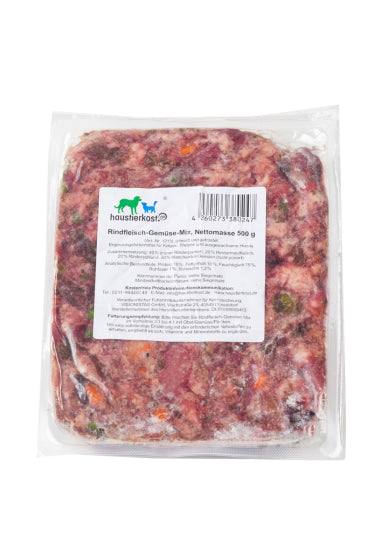 Rindfleisch-Gemüse-Mix für Hunde, 500 g Packung, Mischung aus Rinderpansen, Maulfleisch, Schlundfleisch und Gemüse.