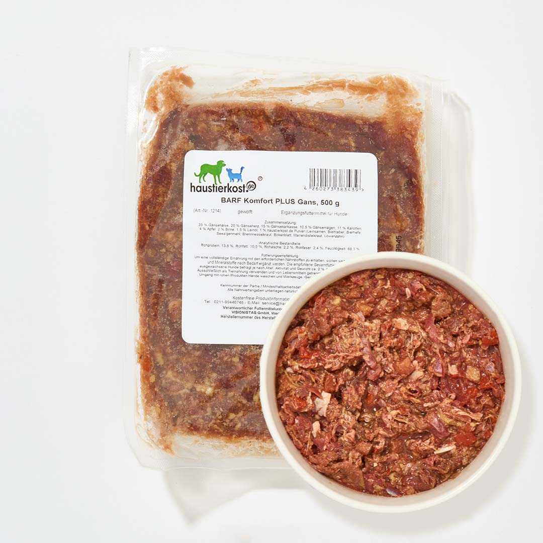 BARF Komfort PLUS Gans 250g Packung und Schüssel mit roh gefrorenem Hundefutter.