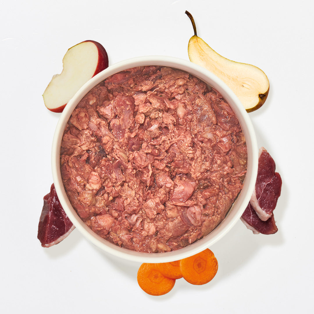 BARF Komfort PLUS Ente Hundefutter mit Entenkarkasse, Herz, Mägen, Karotten, Äpfeln, Birnen und Leinöl in Schale