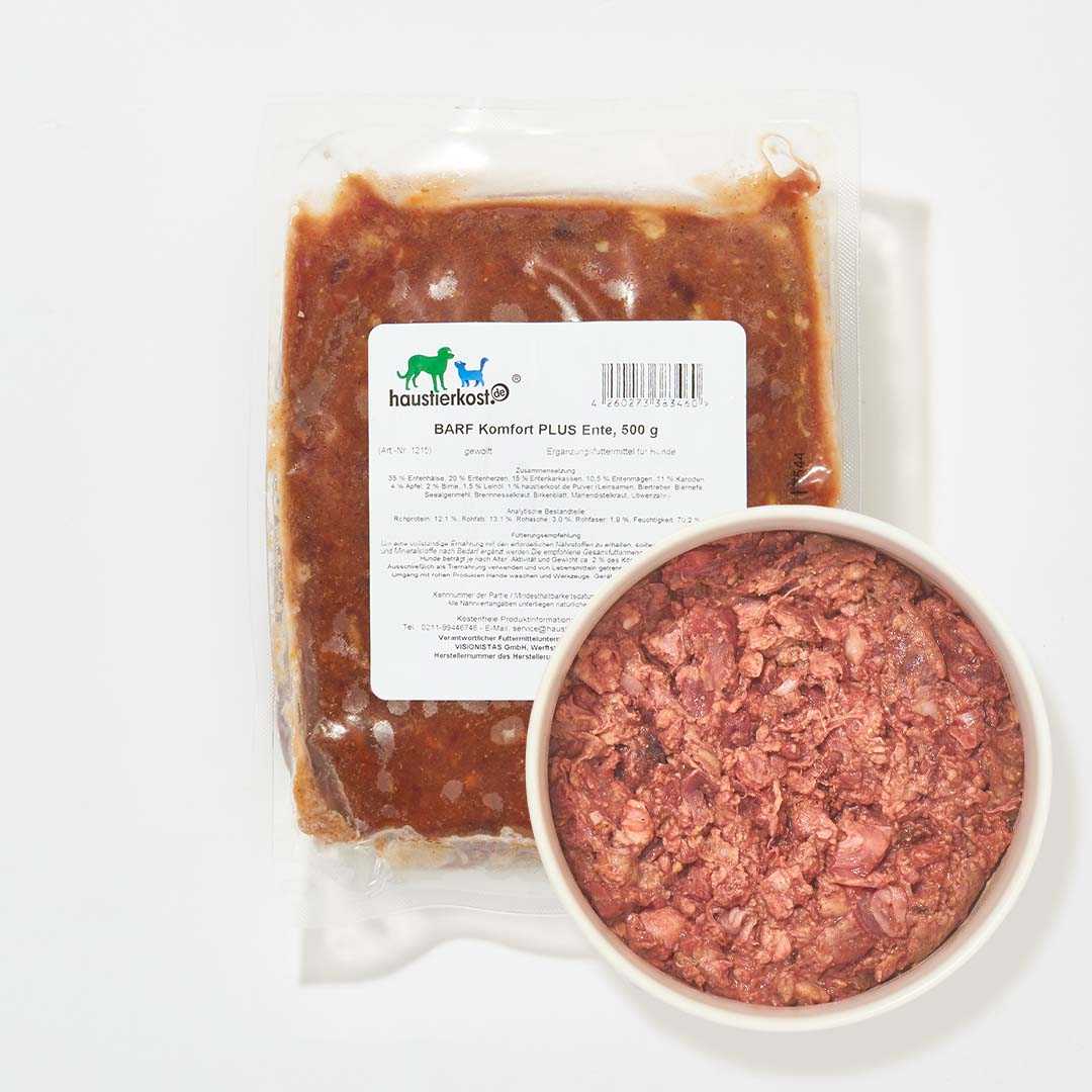 BARF Hundefutter Komfort PLUS Ente mit Entenfleisch in durchsichtiger Verpackung