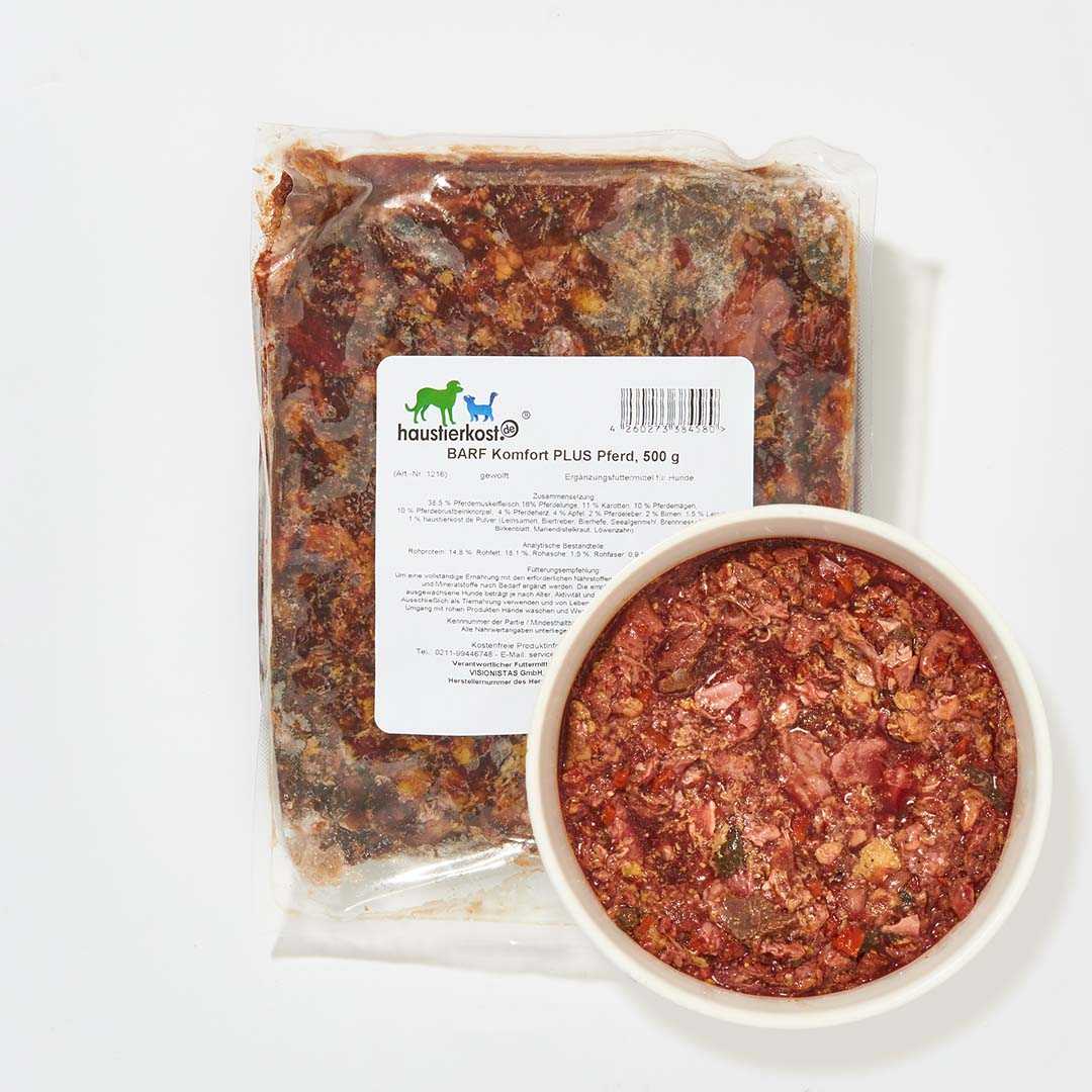 Hundebarffutter BARF Komfort PLUS Pferd, 250 g Packung und Schüssel