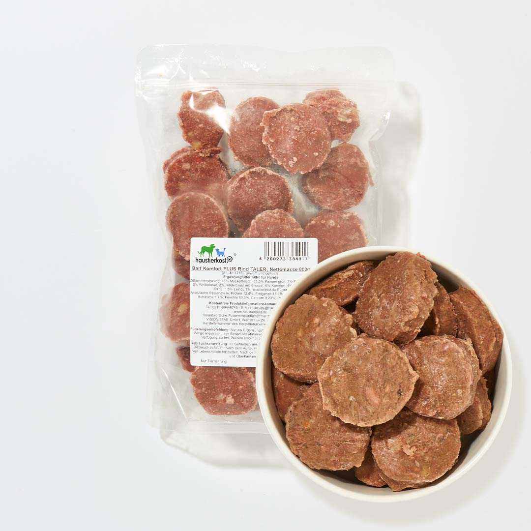 BARF Komfort PLUS Rind Taler, 800 g, aus Rindfleisch, Gemüse und Früchten, mit Leinöl und Algenkalk für Hunde.