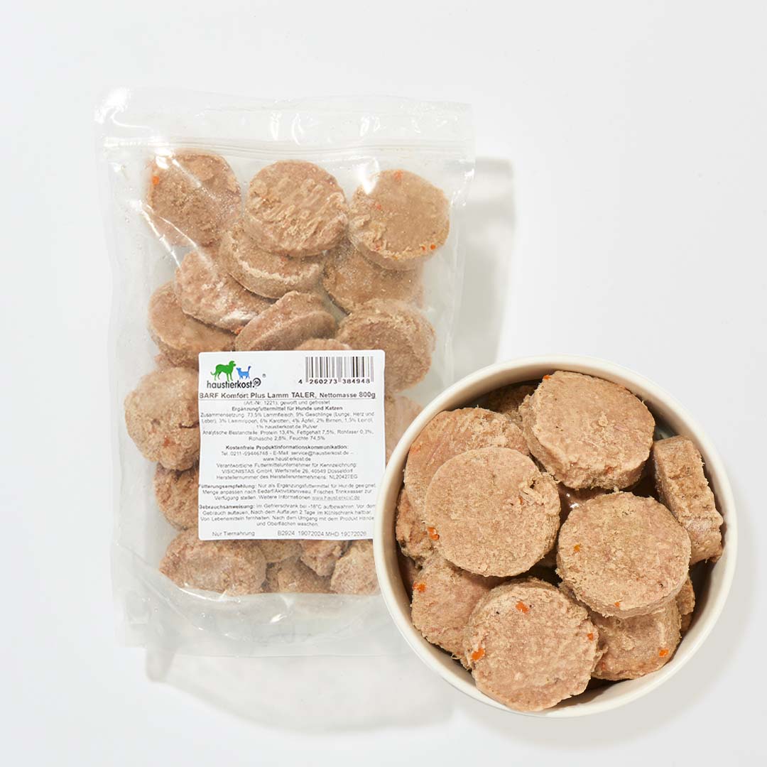 BARF Komfort PLUS Lamm TALER, 800 g, natürliche Hundenahrung mit Lammfleisch, Gemüse und Omega-3, ausgewogenes Kalzium-Phosphor-Verhältnis.