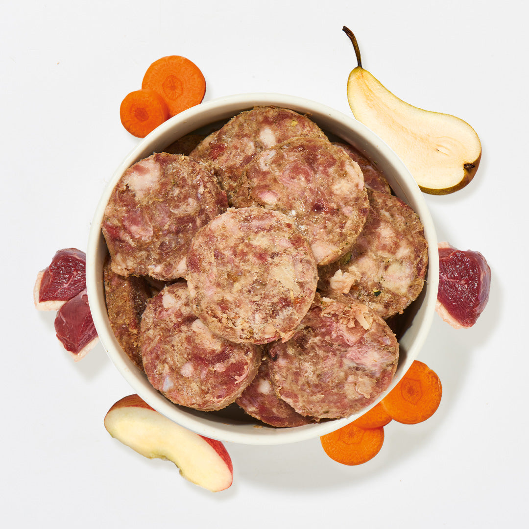 BARF Komfort PLUS Gans TALER 800g mit Gänsefleisch, Knochen, Karotten, Äpfel, Birnen und Leinöl für Hunde