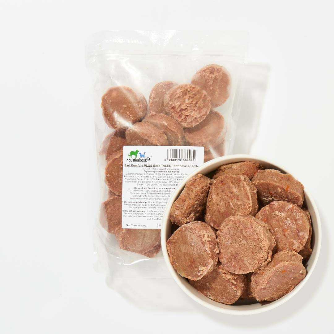 BARF Komfort PLUS Ente TALER 800 g Packung mit Schüssel voller Ententaler.