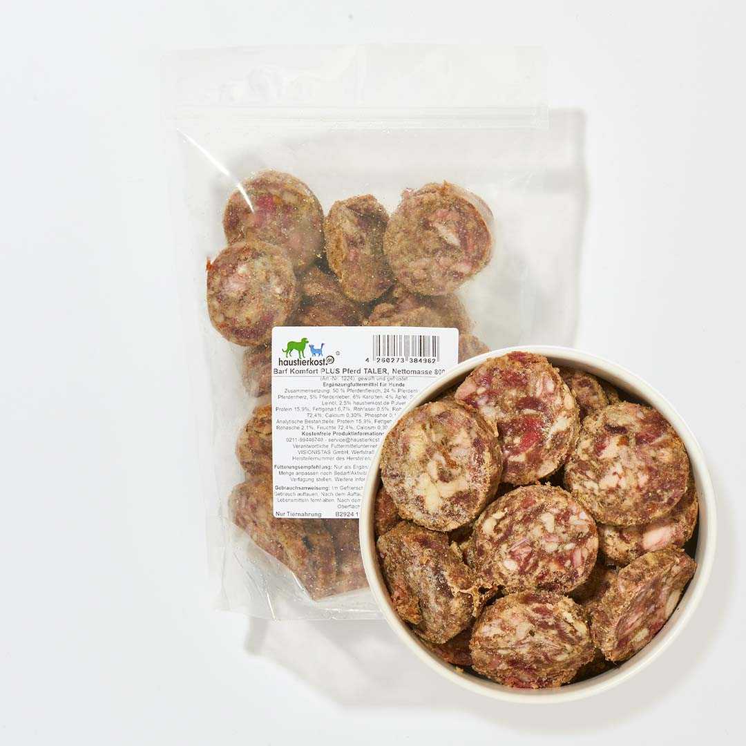 BARF Komfort PLUS Pferd TALER, 800 g, in wiederverschließbarer Verpackung und Schüssel, bestehend aus Pferdefleisch und Gemüse, angereichert mit Leinöl und natürlichen Zutaten.