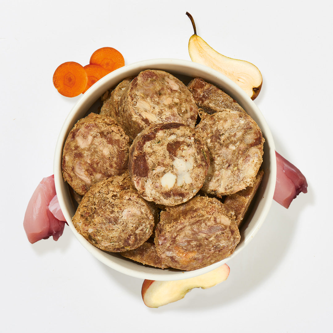 BARF Komfort PLUS Kaninchen TALER gefrorene Fleischrationen mit Kaninchenfleisch, Innereien, Karotten und Birnen für Hunde