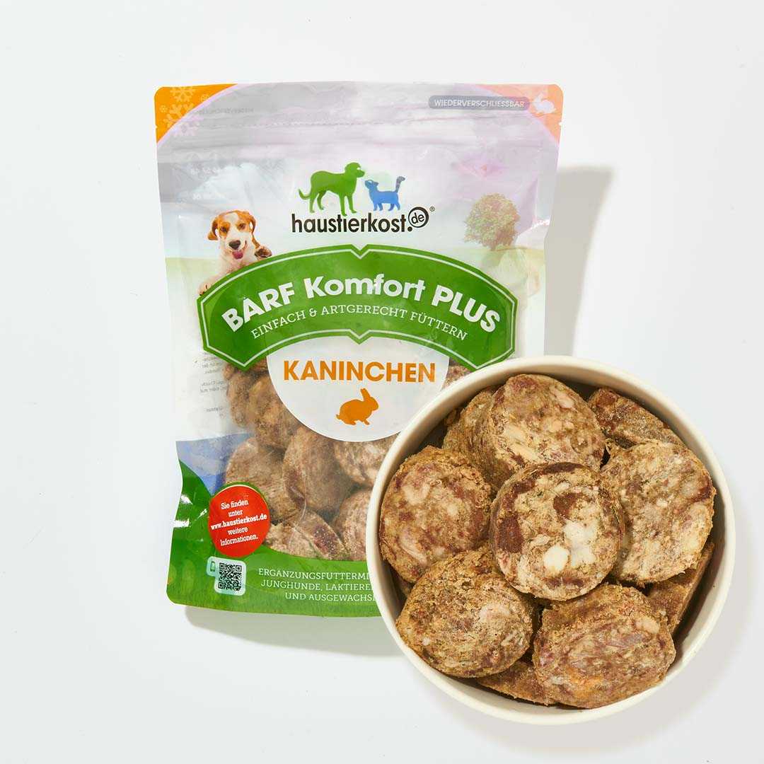 BARF Komfort PLUS Kaninchen Taler, natural rabbit treats with vegetables and omega-3, 800g package.