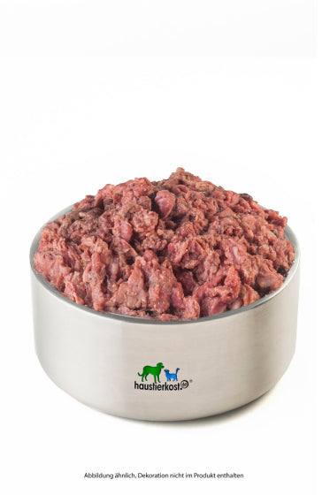 Lamm-Komplett Extra in Edelstahlschüssel, 500 g natürliches Hunde-Futter.